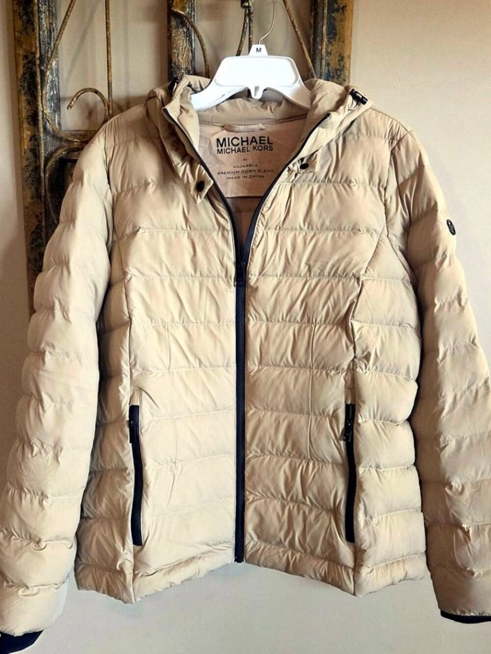 MICHAEL Michael Kors Packable Hooded Down Puffer Jacket Tan Khaki Size XL